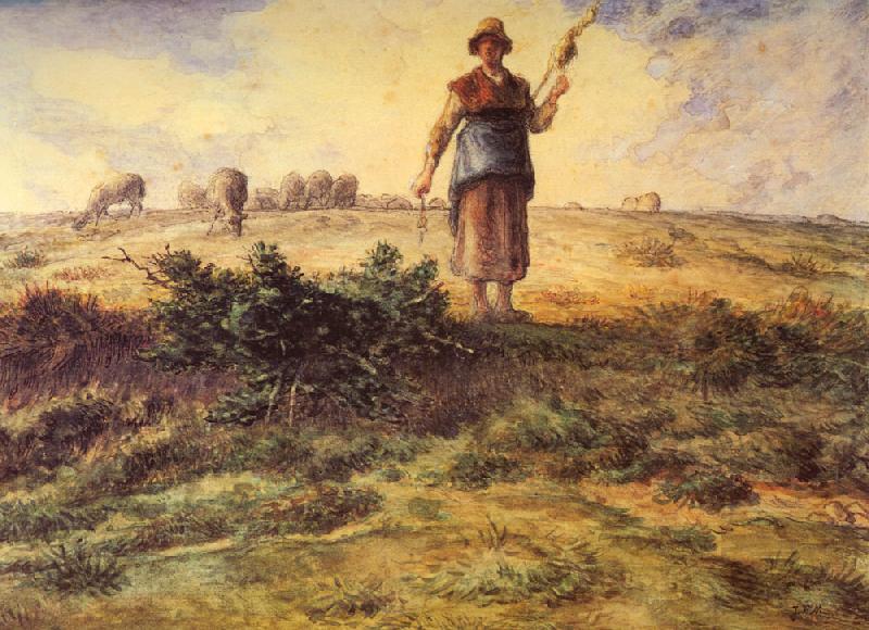 Jean-Franc Millet A Shepherdess and her Flock Watercolour heightened with white France oil painting art